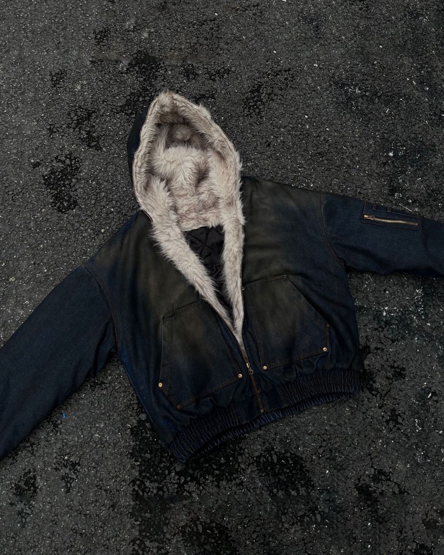 Vintage Distressed Sherpa-Lined Hooded Jacket