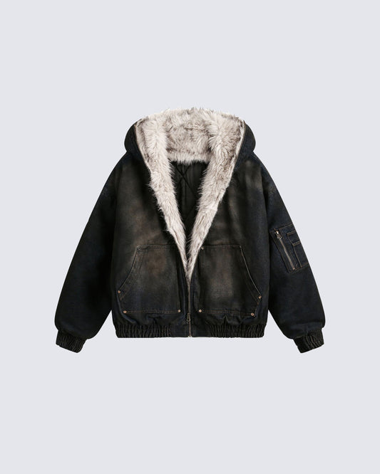 Vintage Distressed Sherpa-Lined Hooded Jacket