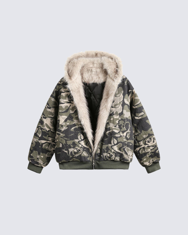 Camouflage Fur Collar Padded Jacket